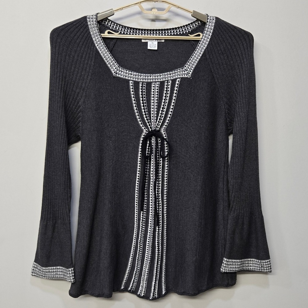 Vintage Y2K Sweater XL Grey Babydoll Crochet Bow Retro Preppy Boho Festival Twee